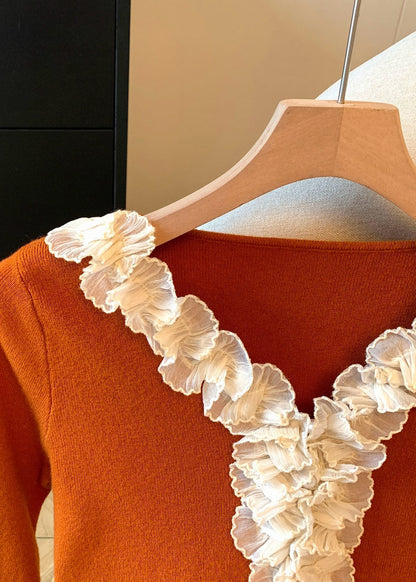 Women Pumpkin Color V Neck Ruffled Patchwork Knitting Cotton T Shirt Fall
