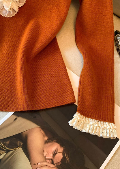 Women Pumpkin Color V Neck Ruffled Patchwork Knitting Cotton T Shirt Fall