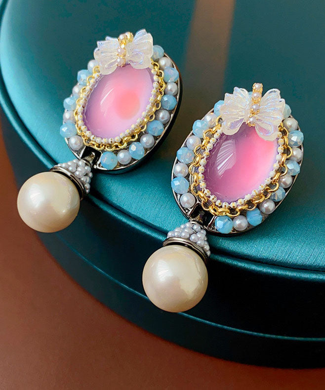 Women Purple Acrylic Alloy Crystal Pearl Resin Butterfly Stud Earrings