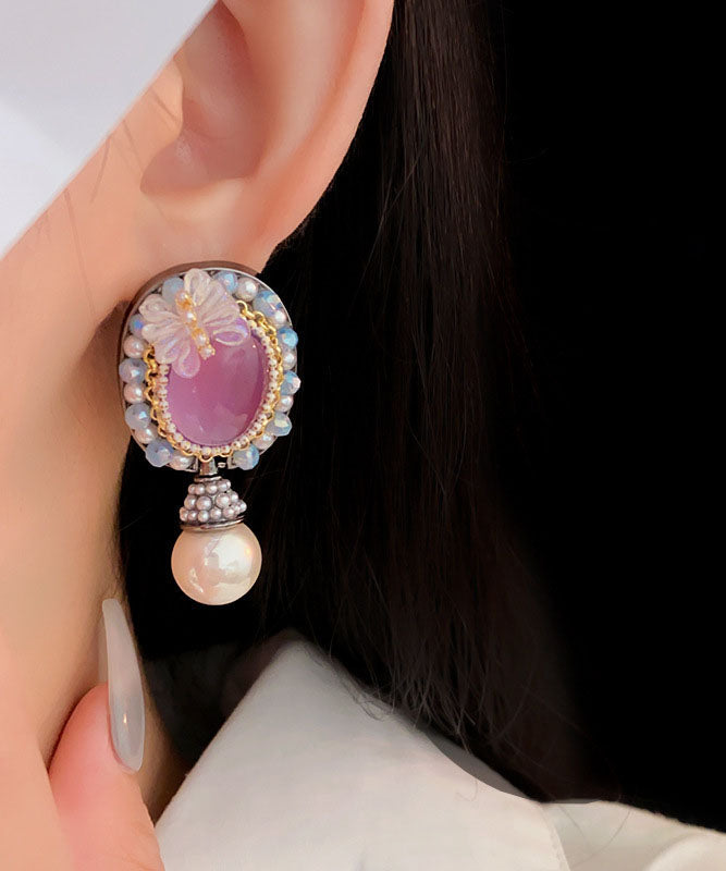 Women Purple Acrylic Alloy Crystal Pearl Resin Butterfly Stud Earrings