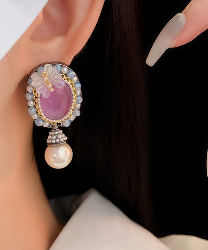 Women Purple Acrylic Alloy Crystal Pearl Resin Butterfly Stud Earrings