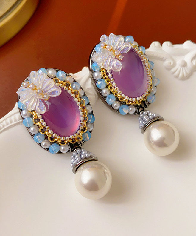 Women Purple Acrylic Alloy Crystal Pearl Resin Butterfly Stud Earrings