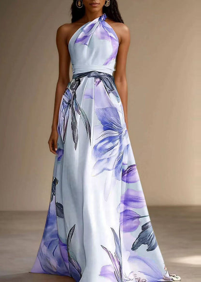 Women Purple Asymmetrical Design Print Cotton Maxi Dresses Summer