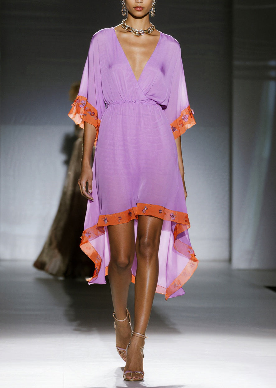 Women Purple Asymmetrical Patchwork Chiffon Dress Summer