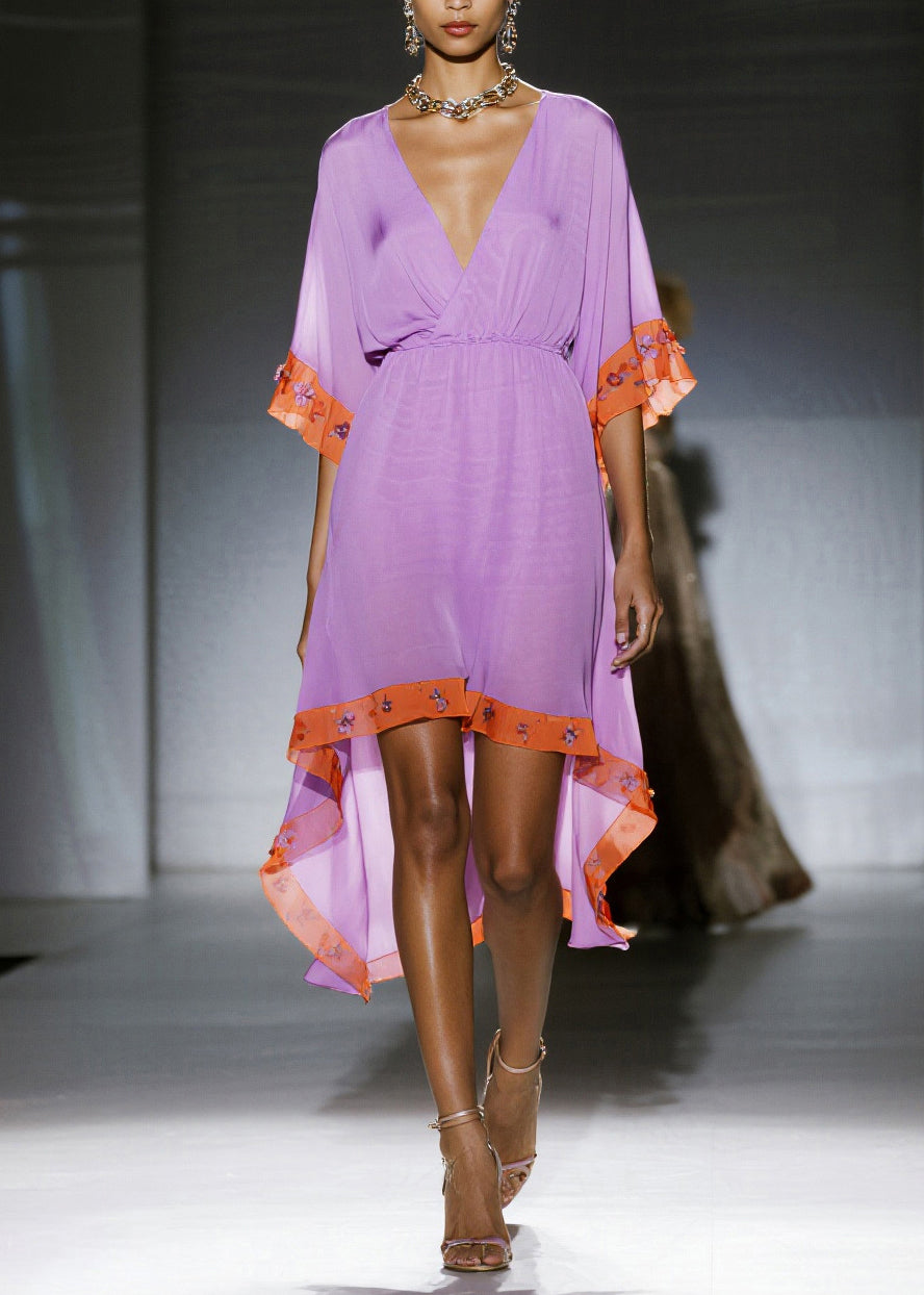 Women Purple Asymmetrical Patchwork Chiffon Dress Summer