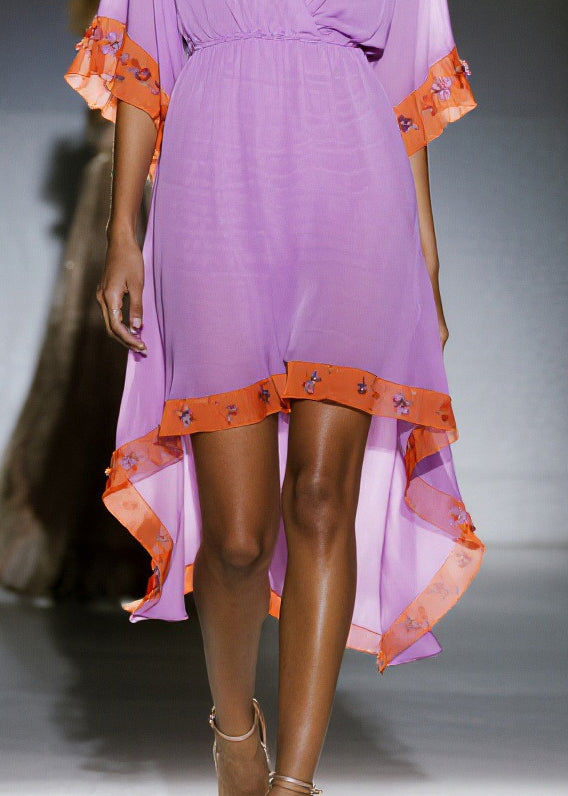 Women Purple Asymmetrical Patchwork Chiffon Dress Summer