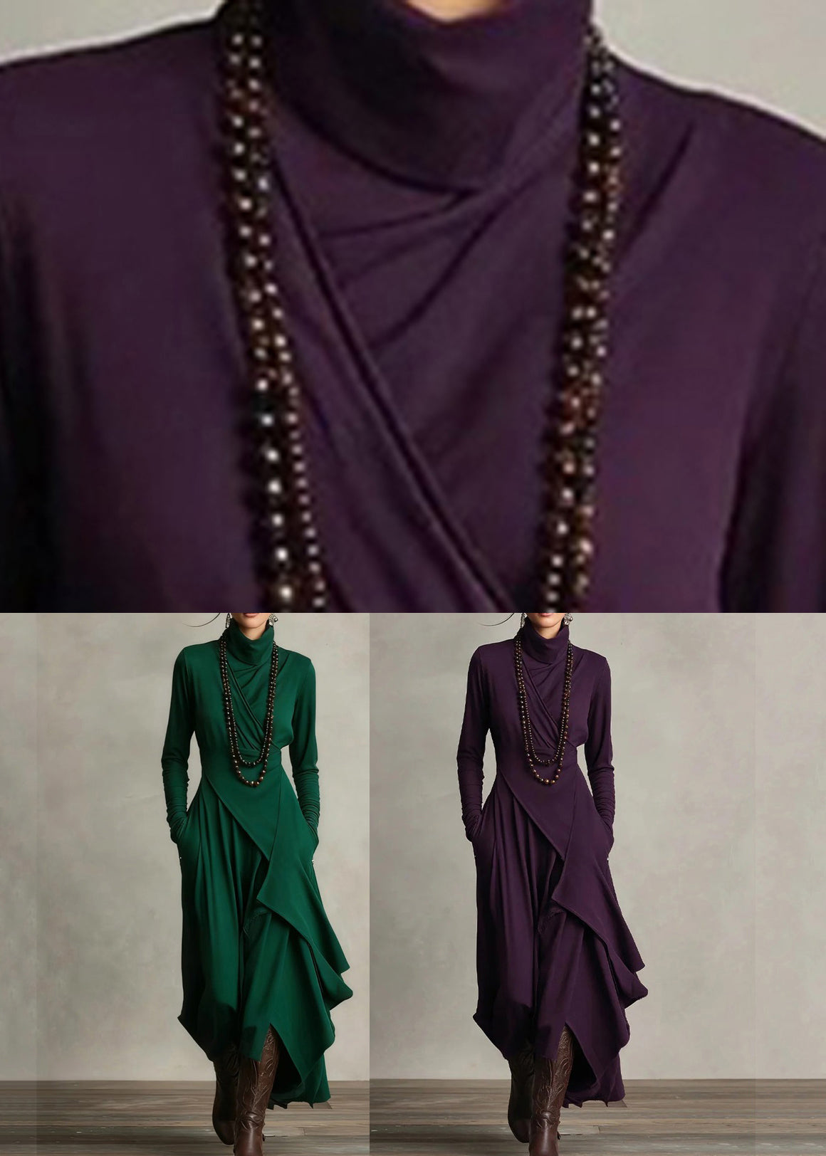 Women Purple Asymmetrical Pockets Long Dress Long Sleeve