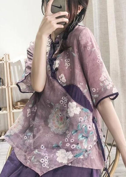 Damen Lila Button Print Shirt Tops Halbarm