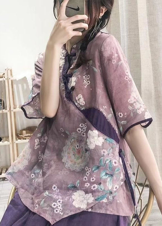 Damen Lila Button Print Shirt Tops Halbarm