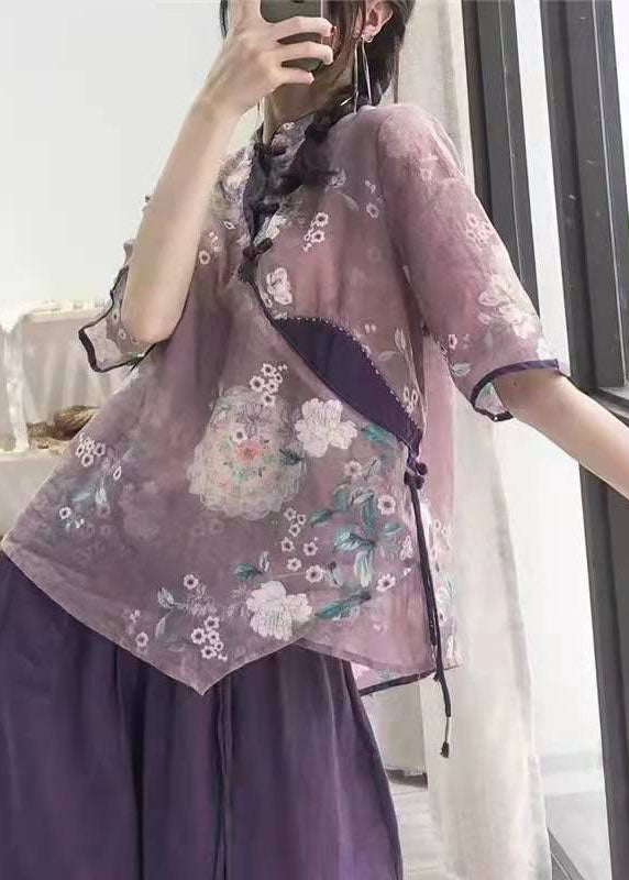 Damen Lila Button Print Shirt Tops Halbarm