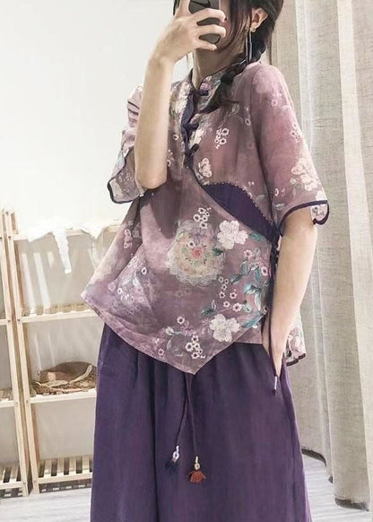 Damen Lila Button Print Shirt Tops Halbarm