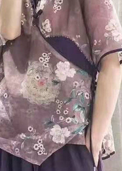 Damen Lila Button Print Shirt Tops Halbarm