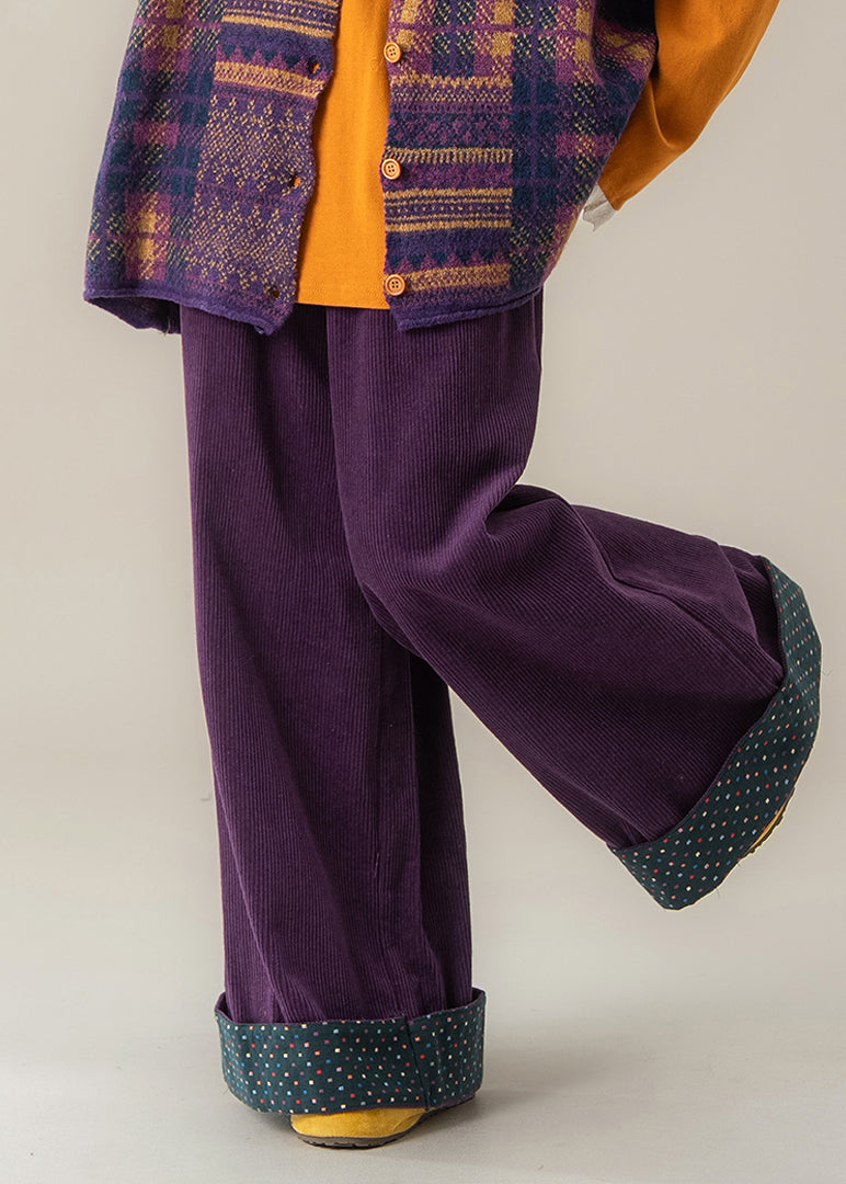 Damen Lila Punkte Hose mit elastischem Bund und weitem Bein Herbst