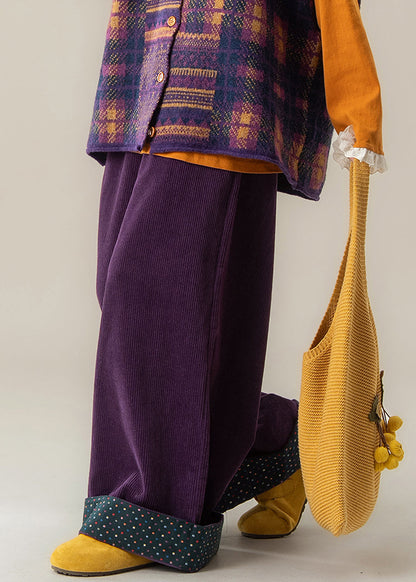 Damen Lila Punkte Hose mit elastischem Bund und weitem Bein Herbst