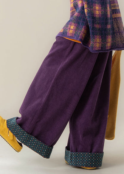 Damen Lila Punkte Hose mit elastischem Bund und weitem Bein Herbst