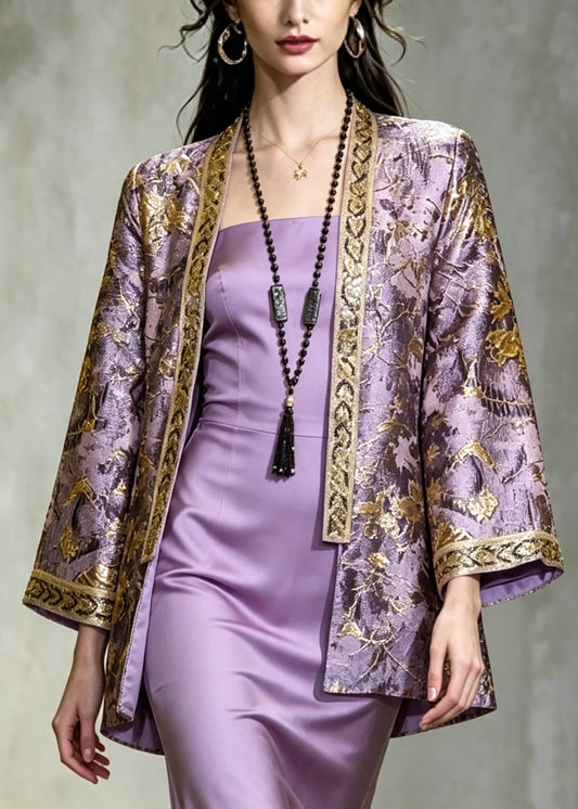 Women Purple Embroidered Jacquard Silk Coat Fall
