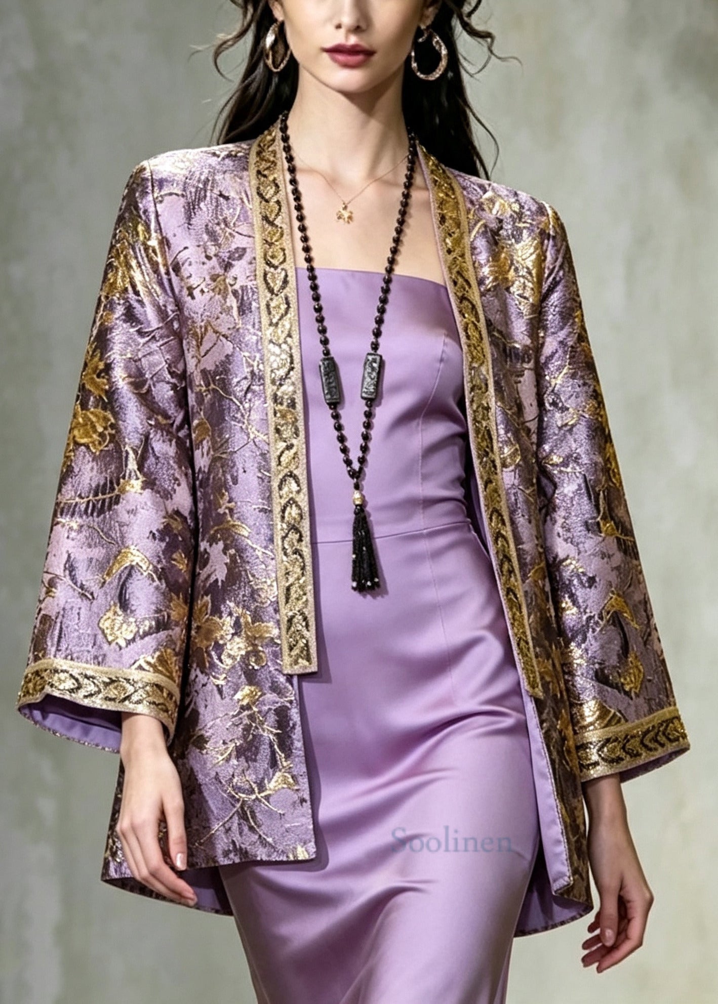 Women Purple Embroidered Jacquard Silk Coat Fall