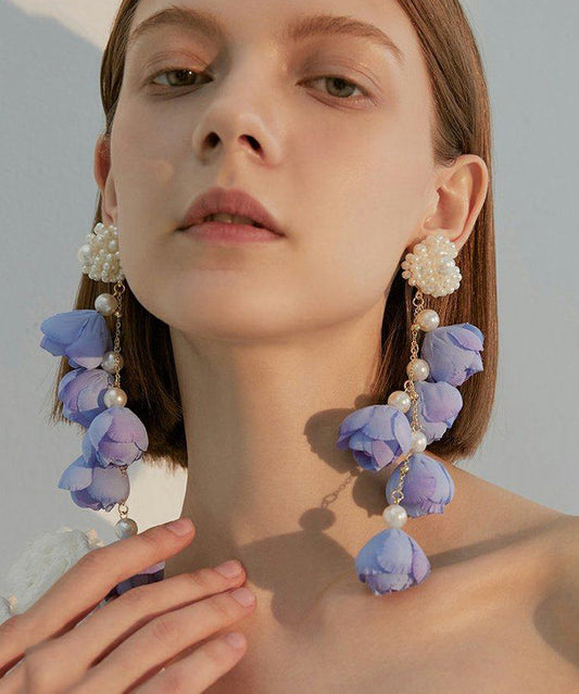 Women Purple Flower Tasseled Pearl Drop Earrings