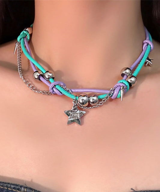Collares con borlas y estrellas de colores de aleación con patchwork verde y morado para mujer