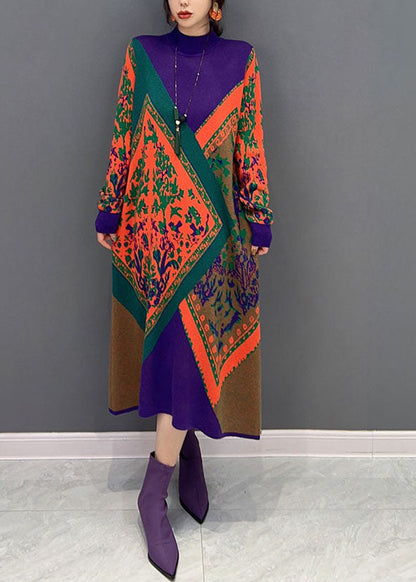 Frauen Lila Hign Neck Übergroßen Druck Stricken Pullover Kleid Winter