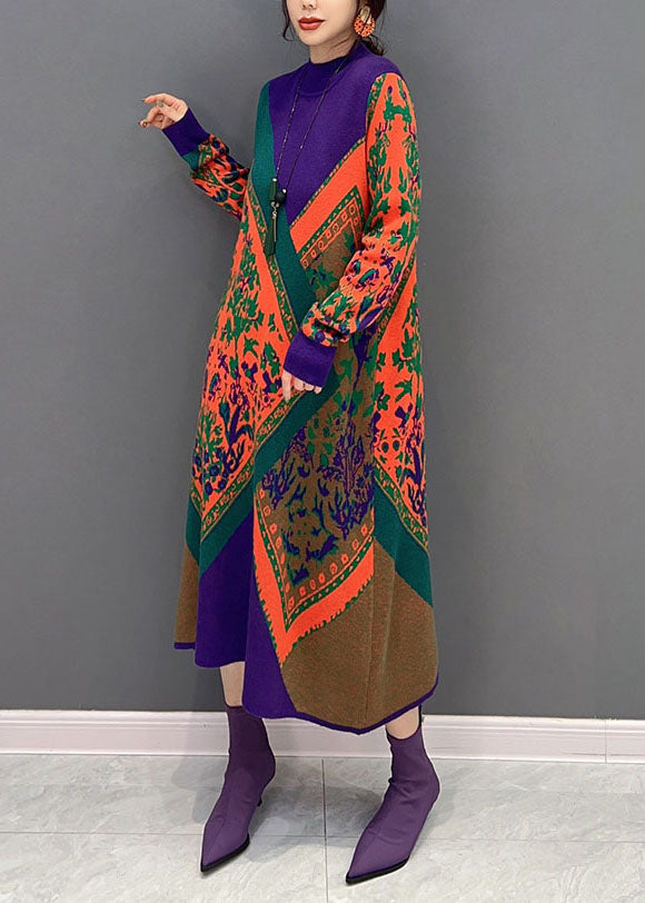 Frauen Lila Hign Neck Übergroßen Druck Stricken Pullover Kleid Winter