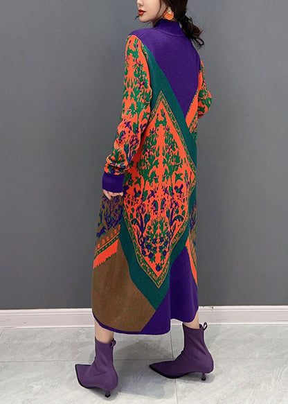 Frauen Lila Hign Neck Übergroßen Druck Stricken Pullover Kleid Winter