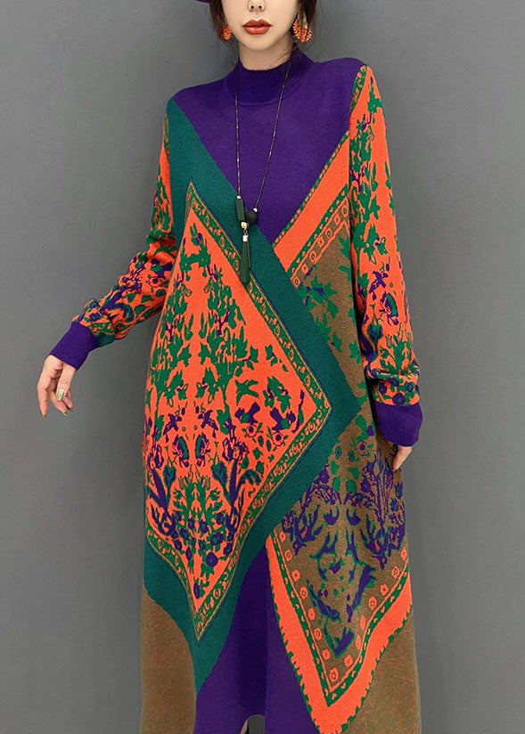 Frauen Lila Hign Neck Übergroßen Druck Stricken Pullover Kleid Winter