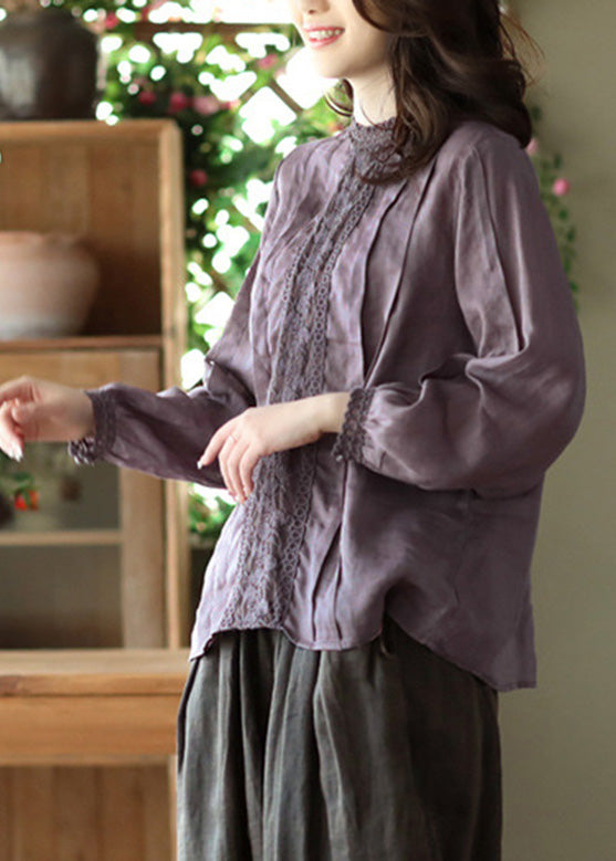 Camisa de manga larga con encaje morado y patchwork de ramio liso para mujer