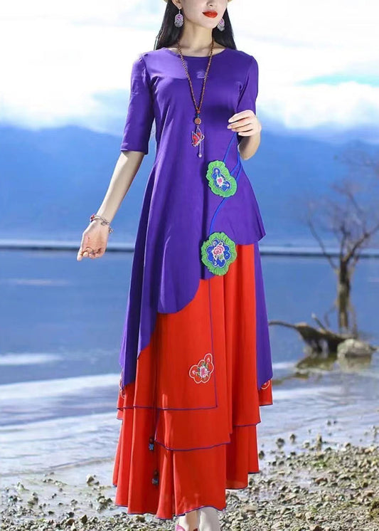 Damen Lila O-Ausschnitt Asymmetrische Baumwolle T-Shirts Halbarm