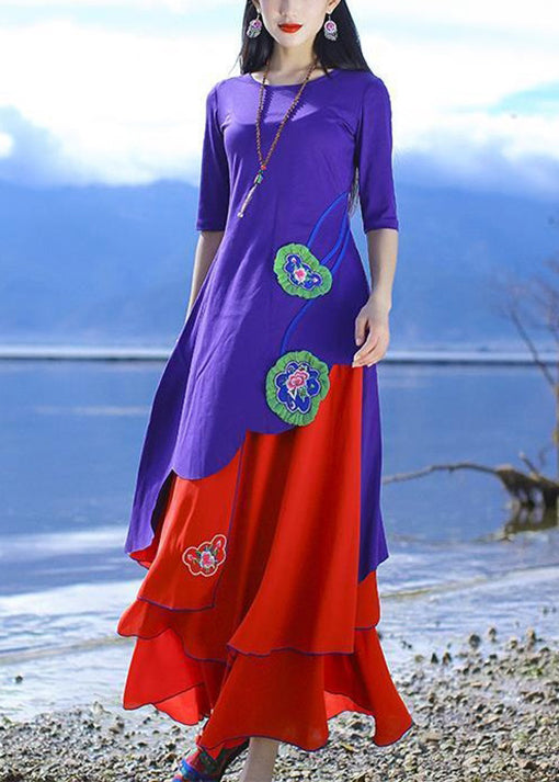 Damen Lila O-Ausschnitt Asymmetrische Baumwolle T-Shirts Halbarm