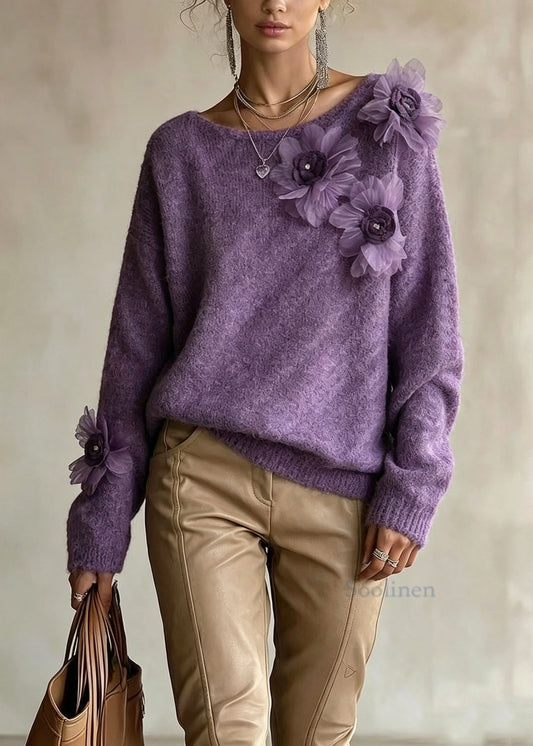 Women Purple O Neck Floral Decorated Knit Sweater Tops Fall