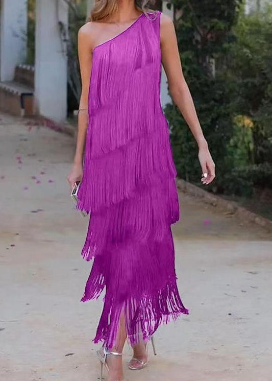 Women Purple One Shoulder Tasseled Dresses Sleeveless