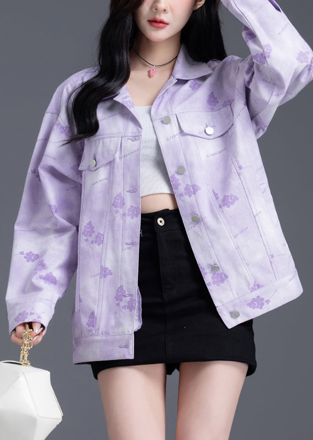 Women Purple Oversized Print Denim Coat Outwear Spring