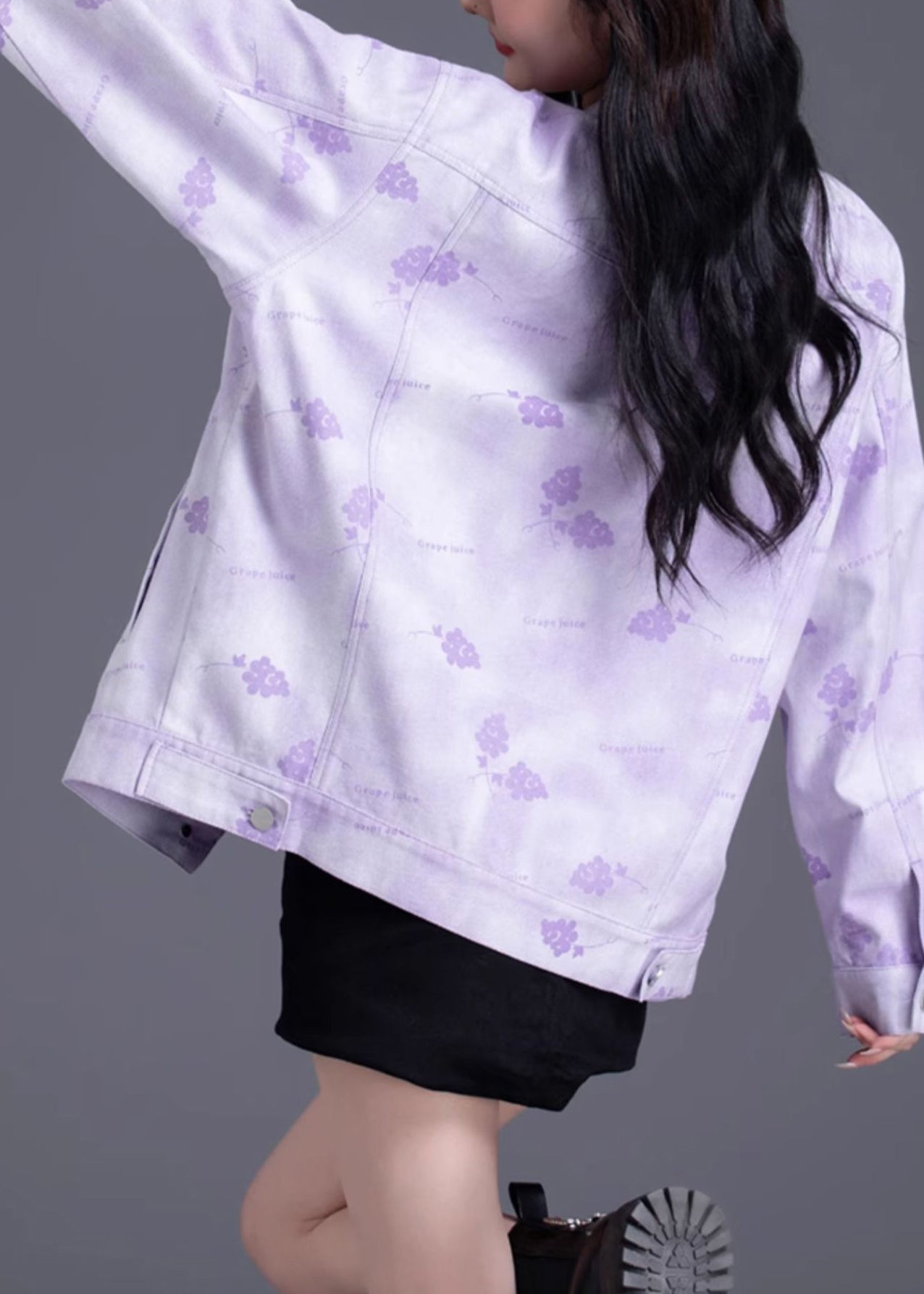 Women Purple Oversized Print Denim Coat Outwear Spring