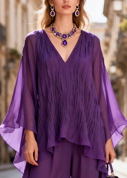 Women Purple Oversized Wrinkled Chiffon Two-Piece Set Batwing Sleeve