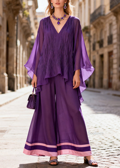 Women Purple Oversized Wrinkled Chiffon Two-Piece Set Batwing Sleeve