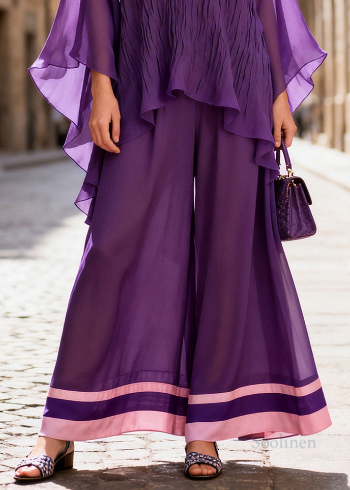 Women Purple Oversized Wrinkled Chiffon Two-Piece Set Batwing Sleeve
