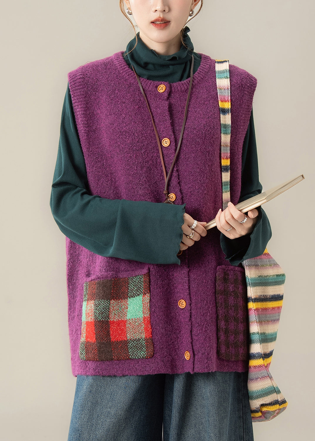 Damen Lila Patchwork-Knopfleiste Gemütliche Baumwollstrickweste Winter