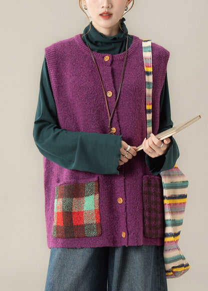Damen Lila Patchwork-Knopfleiste Gemütliche Baumwollstrickweste Winter