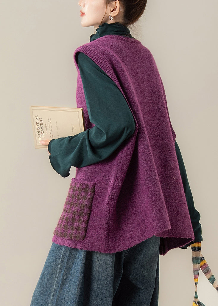 Damen Lila Patchwork-Knopfleiste Gemütliche Baumwollstrickweste Winter