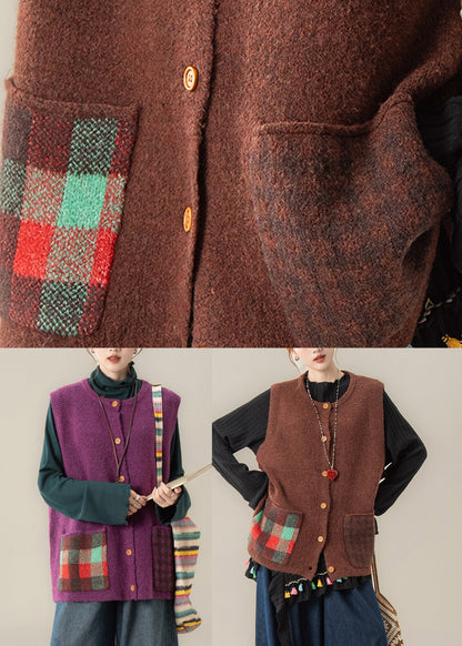 Damen Lila Patchwork-Knopfleiste Gemütliche Baumwollstrickweste Winter