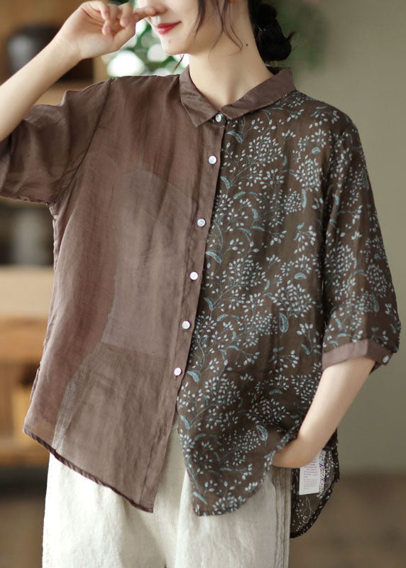 Blusa de lino con cuello Peter Pan morado y botones estampados de patchwork para mujer, verano