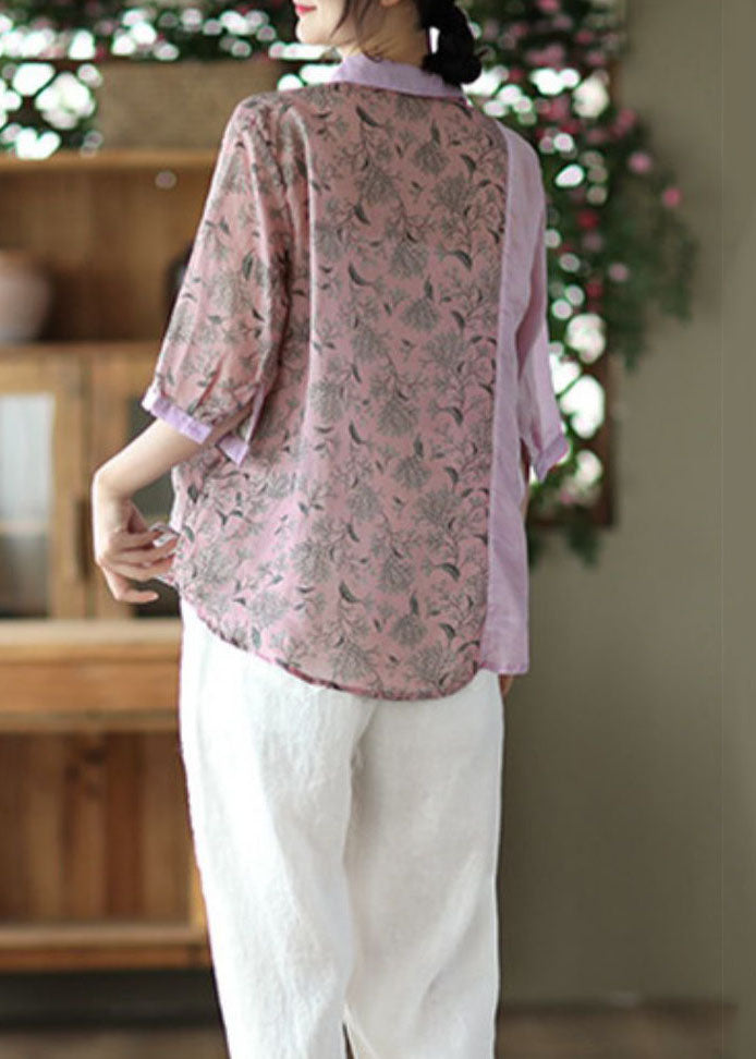 Blusa de lino con cuello Peter Pan morado y botones estampados de patchwork para mujer, verano