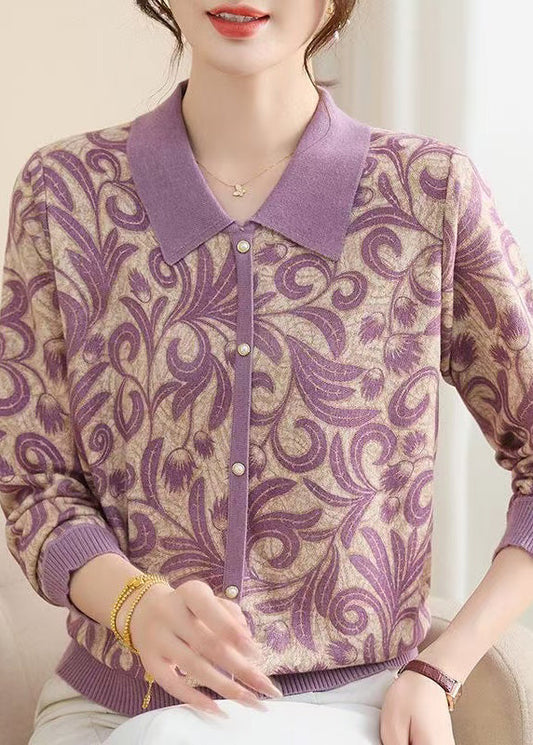 Women Purple Peter Pan Collar Print Knit Sweaters Spring
