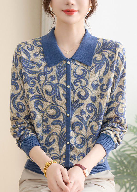 Women Purple Peter Pan Collar Print Knit Sweaters Spring