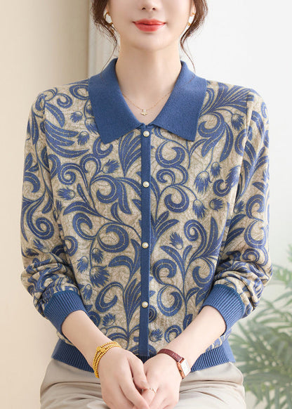 Women Purple Peter Pan Collar Print Knit Sweaters Spring