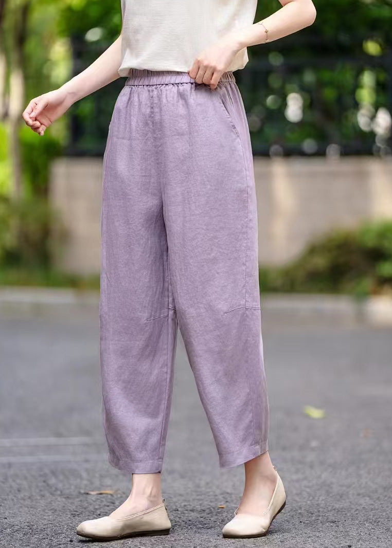 Women Purple Pockets Elastic Waist Linen Crop Pants Summer