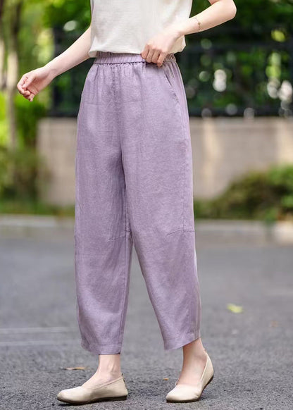 Women Purple Pockets Elastic Waist Linen Crop Pants Summer