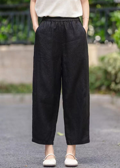 Women Purple Pockets Elastic Waist Linen Crop Pants Summer