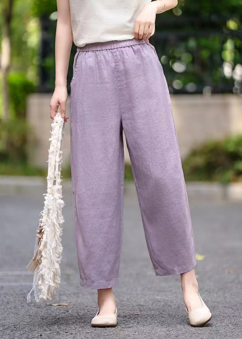 Women Purple Pockets Elastic Waist Linen Crop Pants Summer